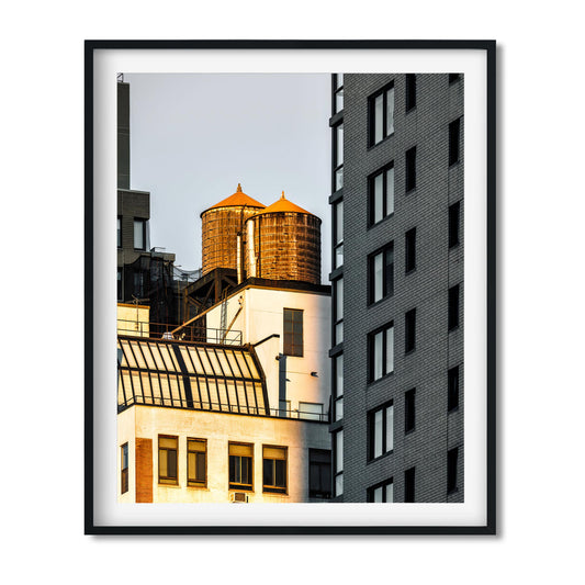 Fine art print of Twin Wood Water Tower in Hell's Kitchen Manhattan at Sunset 