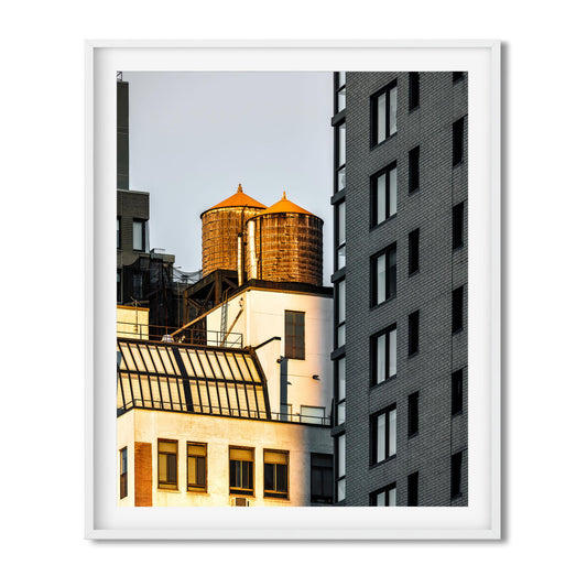 Fine art print of Twin Wood Water Tower in Hell's Kitchen Manhattan at Sunset 