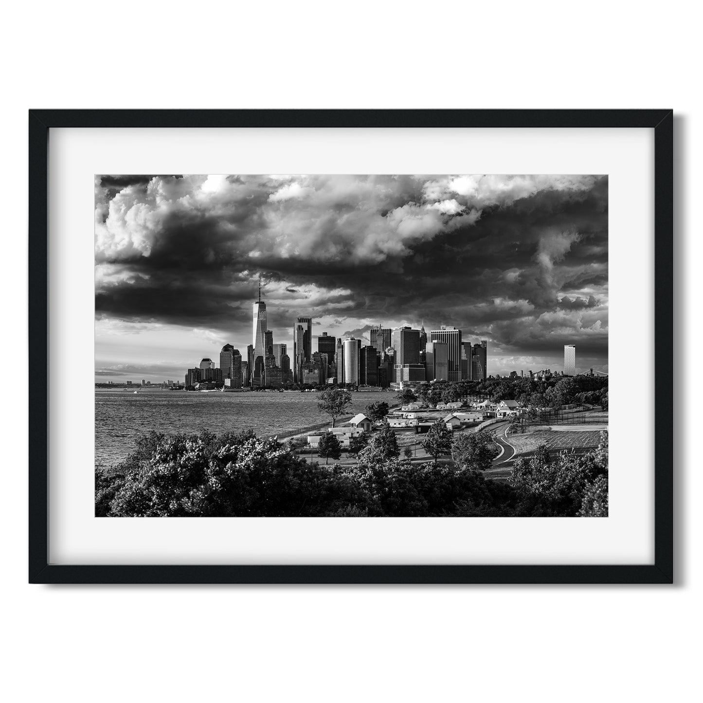 Lower Manhattan Skyline under storm clouds 2024