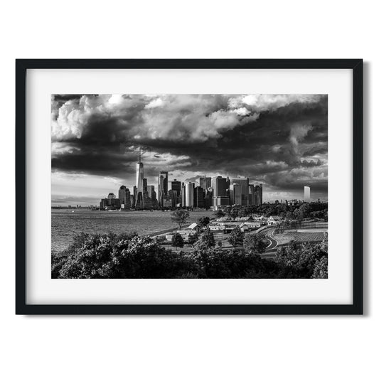 Lower Manhattan Skyline under storm clouds 2024