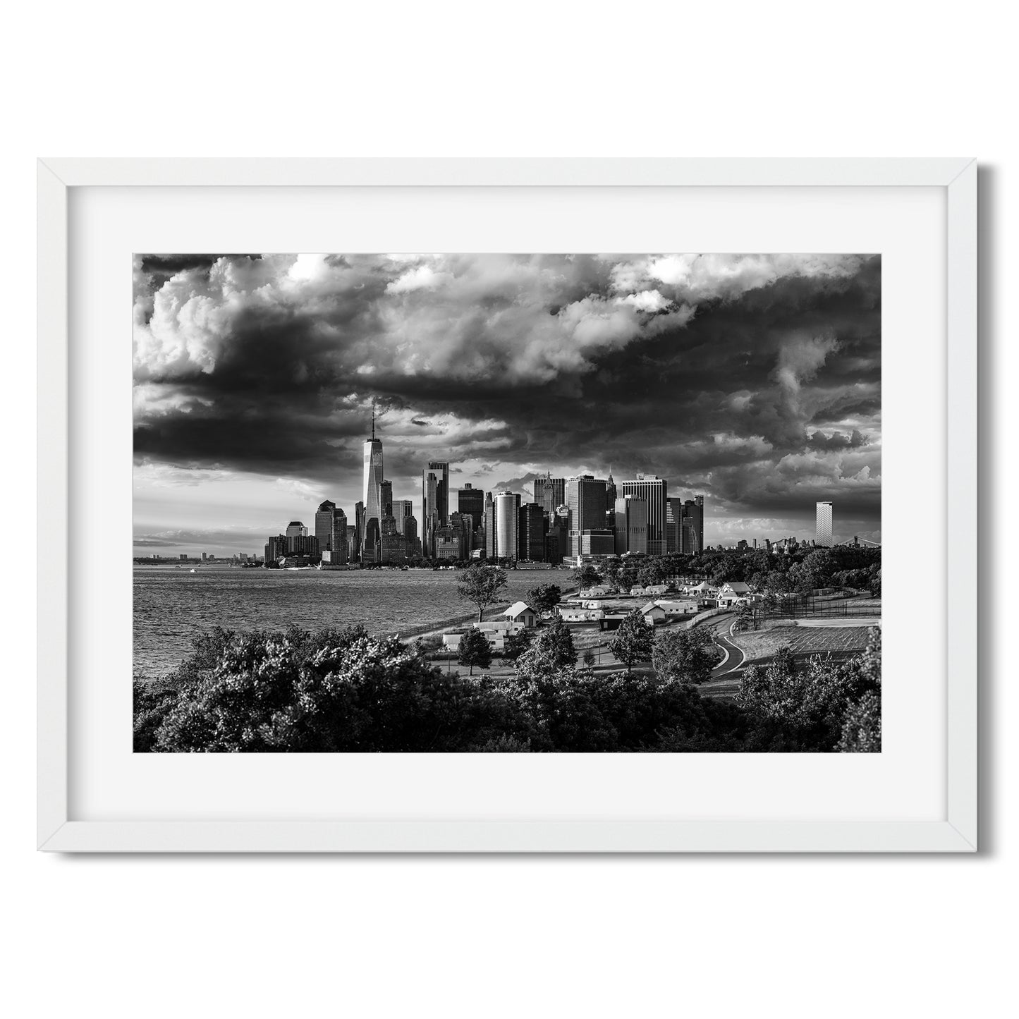 Lower Manhattan Skyline under storm clouds 2024