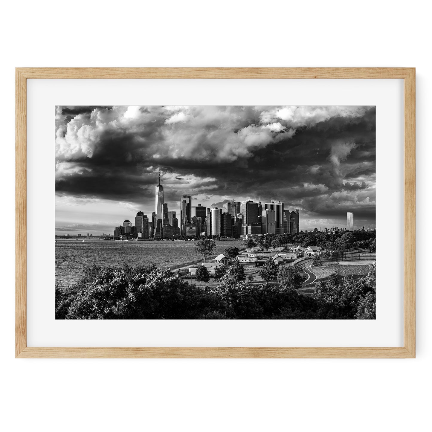 Lower Manhattan Skyline under storm clouds 2024