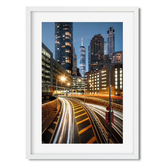 Light trails in Lower Manhattan at night 2024