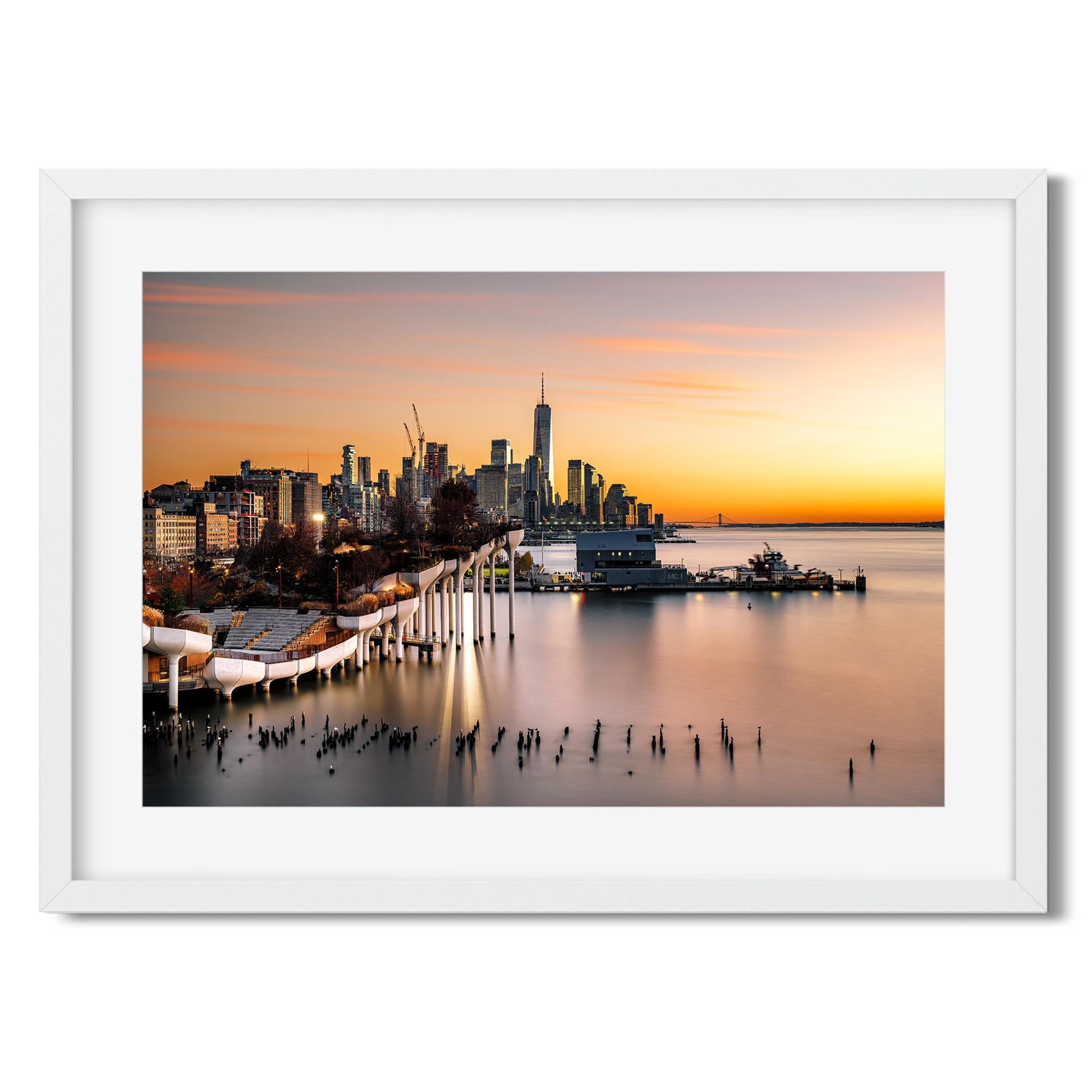New York Cityscape Photography Color Fine Art Print Wall Art of Little Island and Lower Manhattan Skyline at sunset