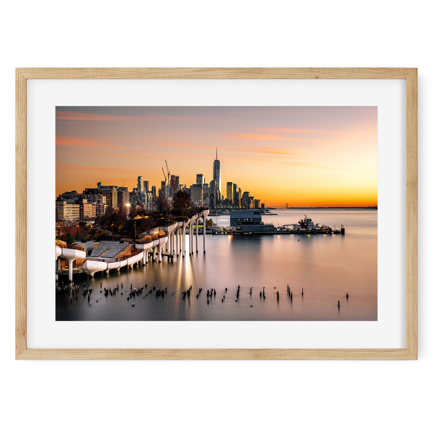 New York Cityscape Photography Color Fine Art Print Wall Art of Little Island and Lower Manhattan Skyline at sunset