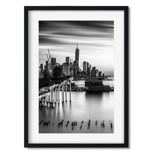 New York Cityscape Photography Black and White Fine Art Print of Little Island and Lower Manhattan Skyline