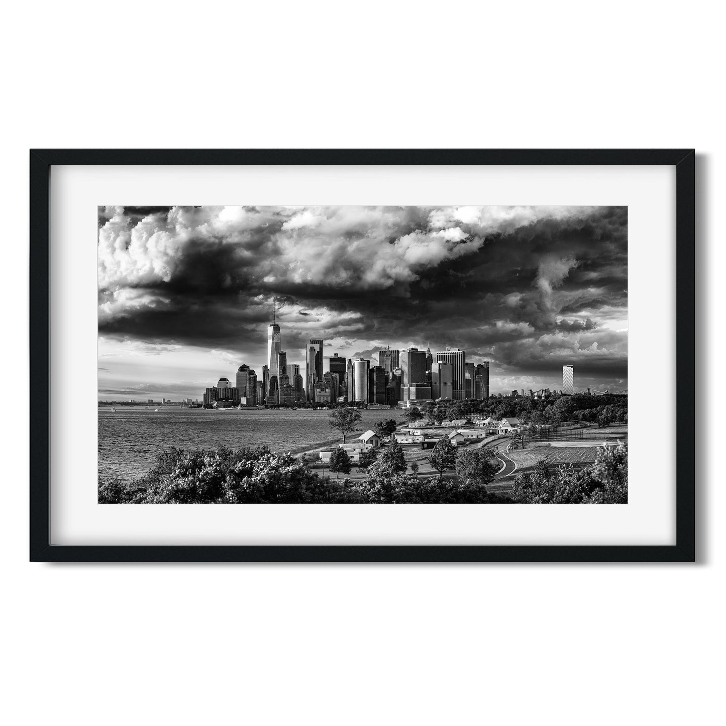 Lower Manhattan Skyline under storm clouds 2024